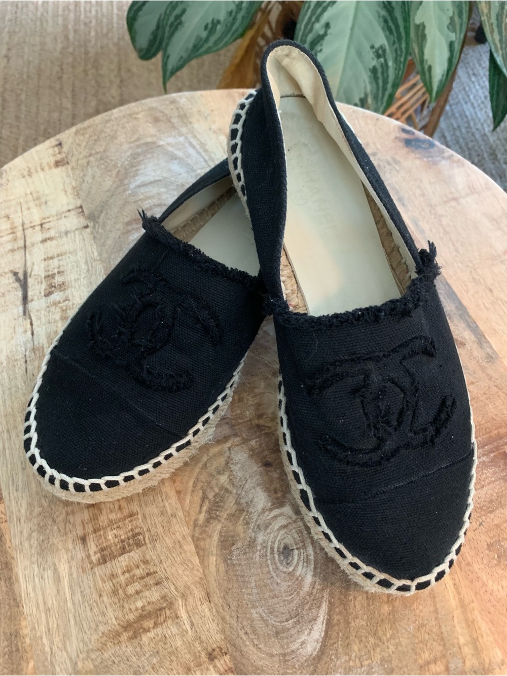 CHANEL Black Canvas Espadrille Slippers with CC Stitching